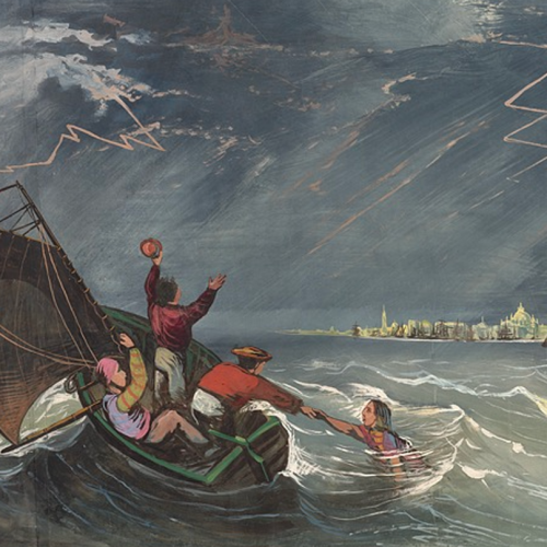 a group of people in a small boat during a storm